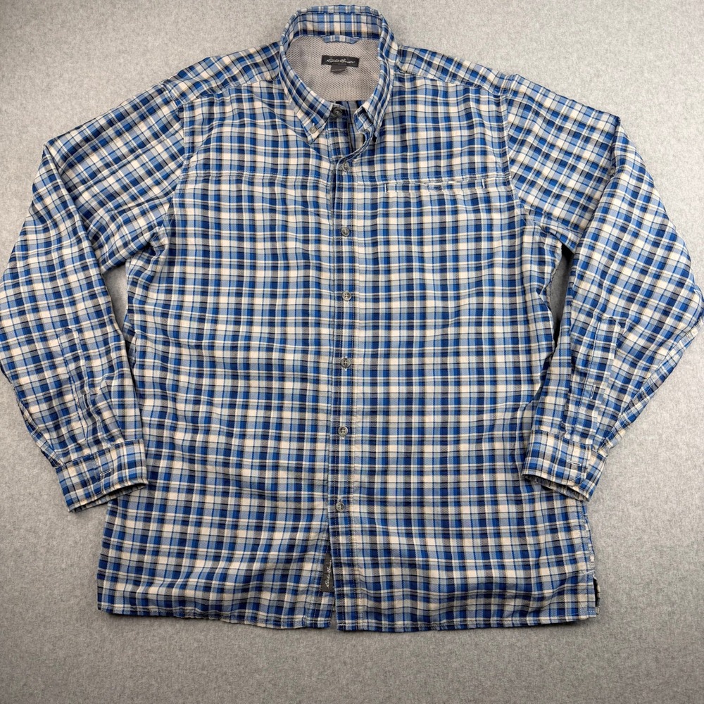 Eddie Bauer Mens Blue Plaid Long Sleeve Button Down‎ Fishing Hiking Shirt Large
